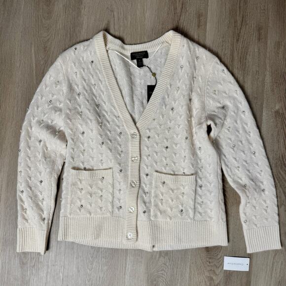 Charter Club Luxury Cashmere Embellished Cardigan, Woman Size M, Ivory White - Picture 11 of 12
